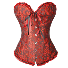 Womens Floral Lace Up Corset Overbust Waist Cincher Bustier Top, Red Black