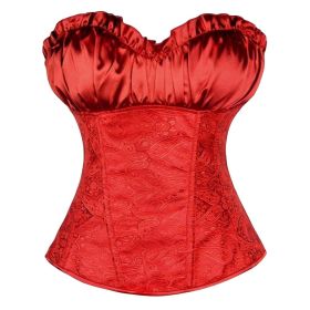 Women's Lace Up Boned Overbust Corset Satin Bustier Body Sculpting Wear Top, Red