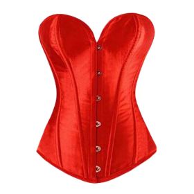 Satin Boned Corset Lace Up Overbust Bustier Body Sculpting Wear Top for Women, Red