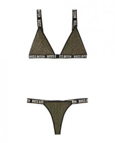 Vibes Boss Bitch Bralette &amp; Thong Panty Black Gold M/L