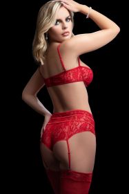 3 Pc Boyshort With Underwire Bra and Stockings (Color: Red)