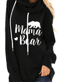 Mama Bear Slogan Pattern Pocket Drawstring Hoodie; Casual Long Sleeve Stylish Sweatshirt (Color: Black, size: M)