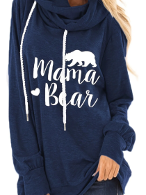 Mama Bear Slogan Pattern Pocket Drawstring Hoodie; Casual Long Sleeve Stylish Sweatshirt (Color: Navy blue, size: M)