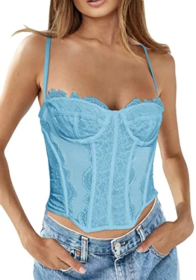 Womens Summer Lace Bustier Mesh Sexy Vintage Spaghetti Strap Open Back Boned Corset Going Out Party Crop Top (Color: light blue, size: medium)