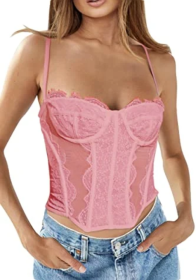 Womens Summer Lace Bustier Mesh Sexy Vintage Spaghetti Strap Open Back Boned Corset Going Out Party Crop Top (Color: Pink, size: medium)