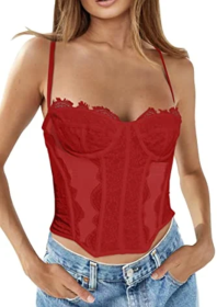 Womens Summer Lace Bustier Mesh Sexy Vintage Spaghetti Strap Open Back Boned Corset Going Out Party Crop Top (Color: Red, size: medium)