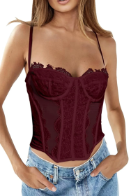 Womens Summer Lace Bustier Mesh Sexy Vintage Spaghetti Strap Open Back Boned Corset Going Out Party Crop Top (Color: Wine Red, size: medium)