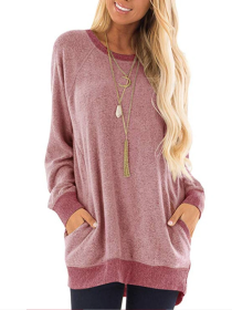 Autumn and Winter New Round Neck Color Pocket Sweater Long Sleeve Pullover Sweatshirt Casual T-shirt (Color: Pink, size: M)