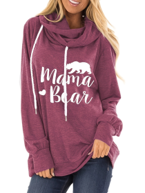 Mama Bear Slogan Pattern Pocket Drawstring Hoodie; Casual Long Sleeve Stylish Sweatshirt (Color: Brick Red, size: M)