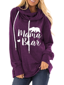 Mama Bear Slogan Pattern Pocket Drawstring Hoodie; Casual Long Sleeve Stylish Sweatshirt (Color: Dark Violet, size: M)