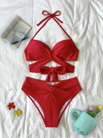 Sexy Push Up Bikini 2023 Solid High Waist Swimsuit Women Criss Cross Bandage Bikini Set Female Beachwear Bathing Suit biquini (Color: red bikini, size: M)