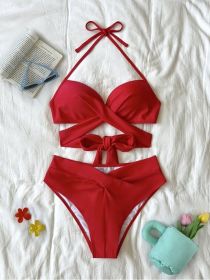 Sexy Push Up Bikini 2023 Solid High Waist Swimsuit Women Criss Cross Bandage Bikini Set Female Beachwear Bathing Suit biquini (Color: red bikini, size: S)