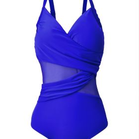 Plus Size Contrast Mesh Criss Cross One Piece Swimsuit; Women's Plus High Stretch V Neck Boho One Piece Beachwear (Color: Royal Blue, size: 2XL(16))