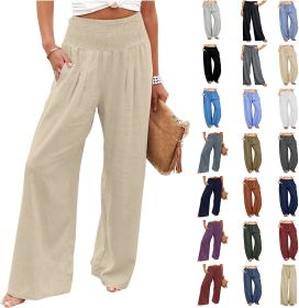 TUNUSKAT Womens Cotton Linen Wide Leg Pants Summer Casual High Waisted Palazzo Pants Baggy Lounge beach Trousers with Pocket (Color: A1_khaki, size: M)