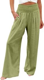 TUNUSKAT Womens Cotton Linen Wide Leg Pants Summer Casual High Waisted Palazzo Pants Baggy Lounge beach Trousers with Pocket (Color: A1_light Green, size: M)