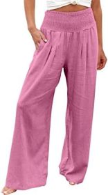 TUNUSKAT Womens Cotton Linen Wide Leg Pants Summer Casual High Waisted Palazzo Pants Baggy Lounge beach Trousers with Pocket (Color: A1_pink, size: M)