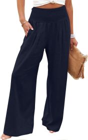 TUNUSKAT Womens Cotton Linen Wide Leg Pants Summer Casual High Waisted Palazzo Pants Baggy Lounge beach Trousers with Pocket (Color: A1_navy, size: M)