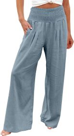 TUNUSKAT Womens Cotton Linen Wide Leg Pants Summer Casual High Waisted Palazzo Pants Baggy Lounge beach Trousers with Pocket (Color: A1_blue, size: M)