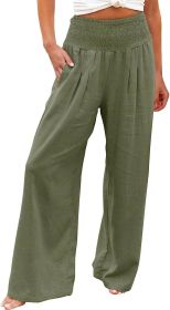 TUNUSKAT Womens Cotton Linen Wide Leg Pants Summer Casual High Waisted Palazzo Pants Baggy Lounge beach Trousers with Pocket (Color: A1_army Green, size: M)