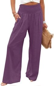 TUNUSKAT Womens Cotton Linen Wide Leg Pants Summer Casual High Waisted Palazzo Pants Baggy Lounge beach Trousers with Pocket (Color: A1_purple, size: M)