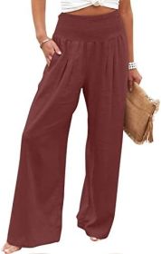 TUNUSKAT Womens Cotton Linen Wide Leg Pants Summer Casual High Waisted Palazzo Pants Baggy Lounge beach Trousers with Pocket (Color: A1_wine, size: M)