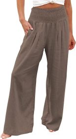 TUNUSKAT Womens Cotton Linen Wide Leg Pants Summer Casual High Waisted Palazzo Pants Baggy Lounge beach Trousers with Pocket (Color: A1_brown, size: M)