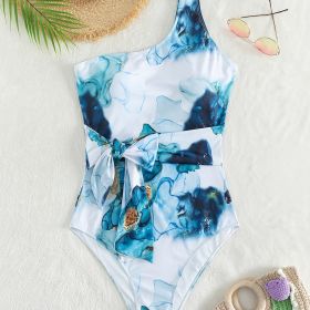 Plus Size Tie Dye Print Side Knot One Shoulder One Piece Swimsuit; Women's Plus Medium Stretch Elegant One Piece Bathing Suit (Color: multicolor)