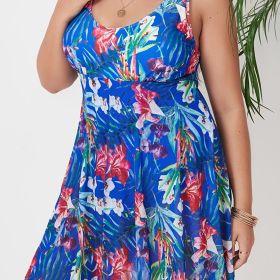 Plus Size Casual Swimsuit; Women's Plus Tropical Print Contrast Mesh Layered One Piece Swimsuit (Color: multicolor, size: 0XL(12))