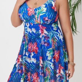 Plus Size Casual Swimsuit; Women's Plus Tropical Print Contrast Mesh Layered One Piece Swimsuit (Color: multicolor, size: 1XL(14))