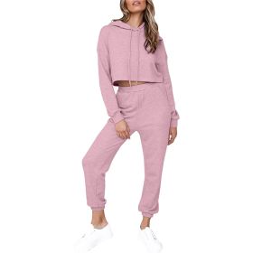 2 Piece Outfits for Women Crewneck Long Sleeve Crop Tops and Wide Leg Pants Sets (Color: Pink, size: M)