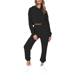 2 Piece Outfits for Women Crewneck Long Sleeve Crop Tops and Wide Leg Pants Sets (Color: Black, size: M)