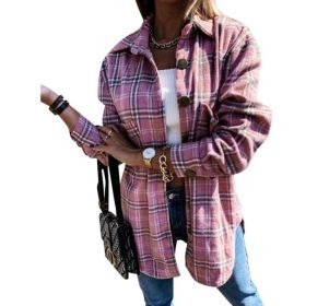 Flannel Plaid Shirts Long Sleeve Blouses Outwear (Color: Pink, size: XL)