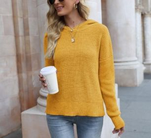 Hoodies Pullover Sweater Casual Knitted Sweatshirt (Color: Gold, size: M)