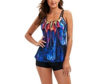 Tummy Control Swimdress Tankini Swimsuit with Boyshort (Color: colorful, size: M)