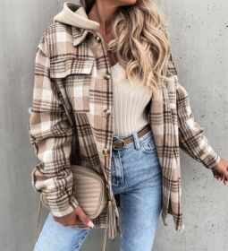 Flannel Plaid Long Sleeve Hooded Shirt (Color: brown, size: L)