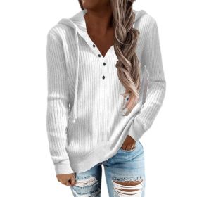 Women Striped Casual Hoodie Loose Drawstring Knit Sweater Top Blouses (Color: White, size: S)