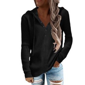 Women Striped Casual Hoodie Loose Drawstring Knit Sweater Top Blouses (Color: Black, size: S)