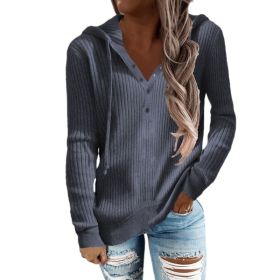 Women Striped Casual Hoodie Loose Drawstring Knit Sweater Top Blouses (Color: Gray, size: XL)