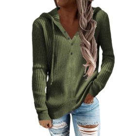 Women Striped Casual Hoodie Loose Drawstring Knit Sweater Top Blouses (Color: Green, size: S)