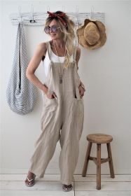 Women Fashion Literature Retro Cotton Linen Bib Pants Casual Loose Sleeveless Long Jumpsuit Spaghetti Strap Harem Trousers (Color: Gray, size: M)