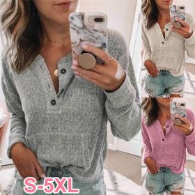 Women Winter Solid Color Button Long Sleeve Shirt T-shirt (Color: Pink, size: XXXXXL)