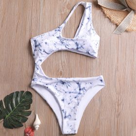 Europe and the United States new swimsuit ink printing sexy gathered irregular one-piece swimsuit (Color: White, size: M)