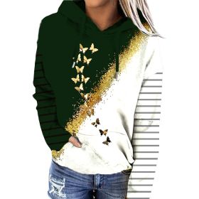 Women's New Hooded Sweater Butterfly Print Contrast Striped Casual Hoodie (Color: Dark green, size: M)