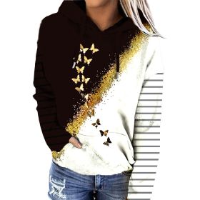 Women's New Hooded Sweater Butterfly Print Contrast Striped Casual Hoodie (Color: Black, size: M)