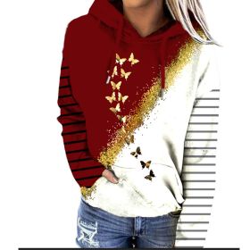 Women's New Hooded Sweater Butterfly Print Contrast Striped Casual Hoodie (Color: Red, size: M)