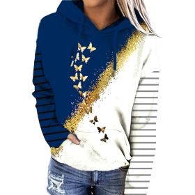 Women's New Hooded Sweater Butterfly Print Contrast Striped Casual Hoodie (Color: Blue, size: M)