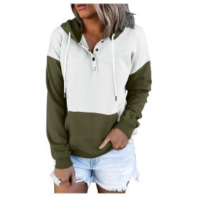 Winter New Style Contrast Stitching Loose Hooded Sweatshirts Women Casual Button Pullover Hooded Hoodies Outwear (Color: Army Green, size: M)