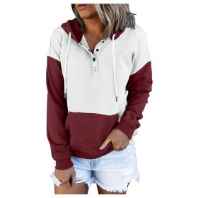 Winter New Style Contrast Stitching Loose Hooded Sweatshirts Women Casual Button Pullover Hooded Hoodies Outwear (Color: Burgundy, size: M)