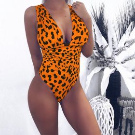 Summer Swimwear New Style Deep V Leopard Print Sexy One-piece Swimsuit (Color: Orange)