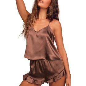 Satin Pajama Set for Women Silk Pjs for Women Set (Color: Coffee, size: L)